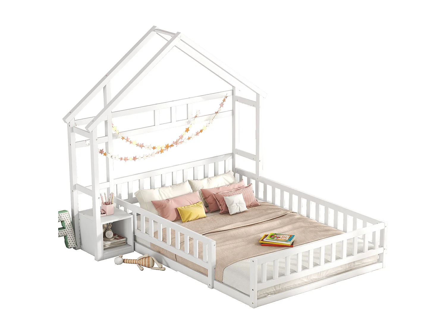 Cama infantil 140x190 em madeira de pinho com guarda-corpo e mesa de cabeceira branca