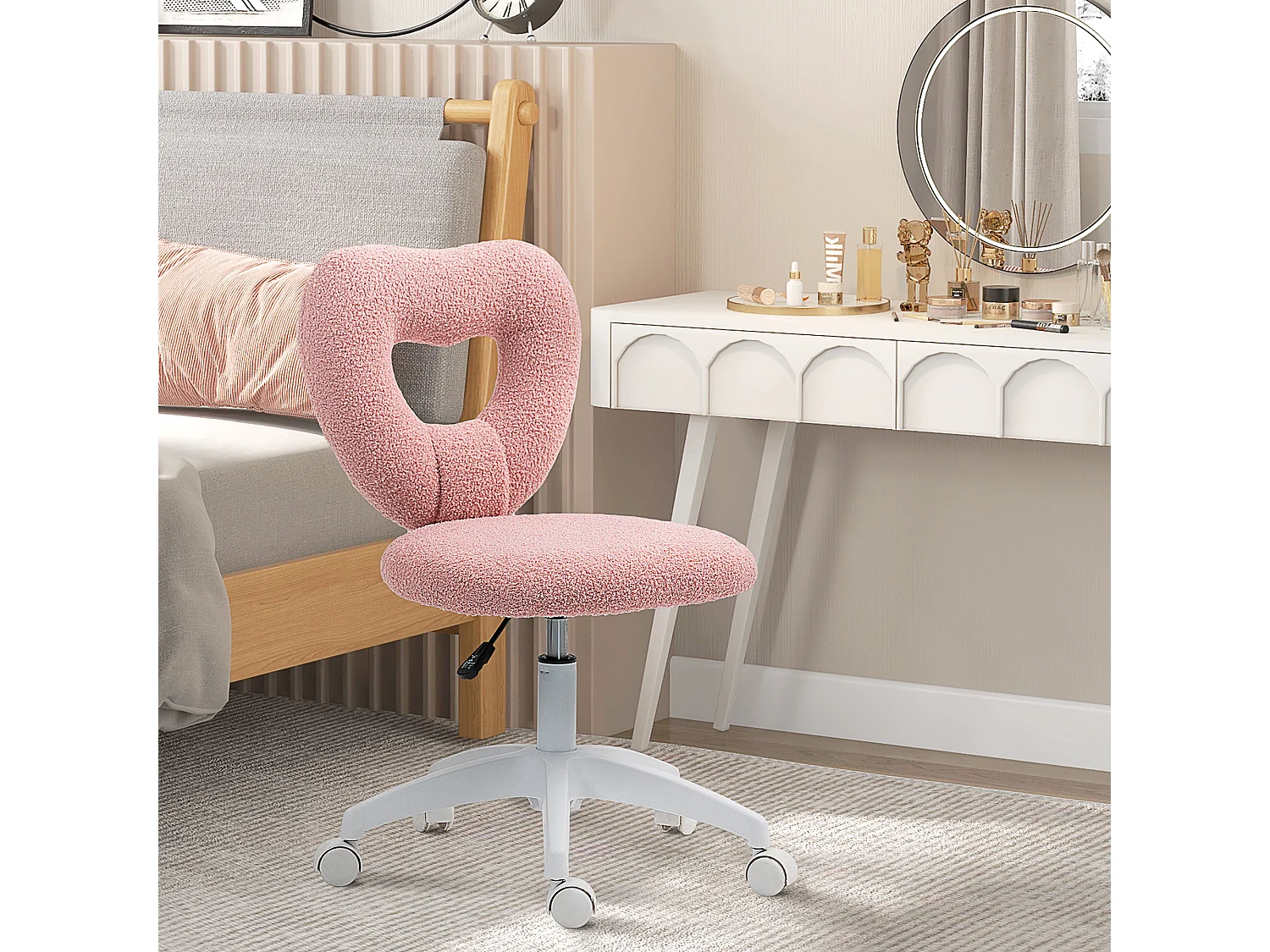 Cadeira de escritório giratória Teddy Fleece com encosto em forma de coração, ajustável, rosa