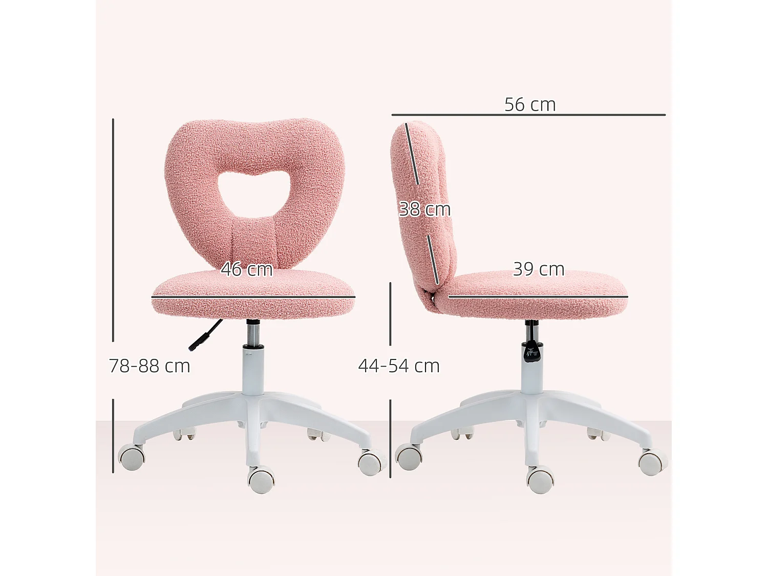 Silla de oficina giratoria de felpa con respaldo en forma de corazón, ajustable, color rosa