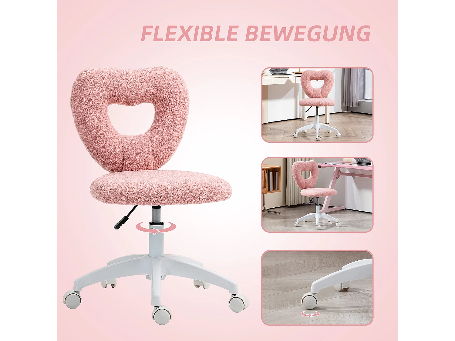 Silla de oficina giratoria de felpa con respaldo en forma de corazón, ajustable, color rosa