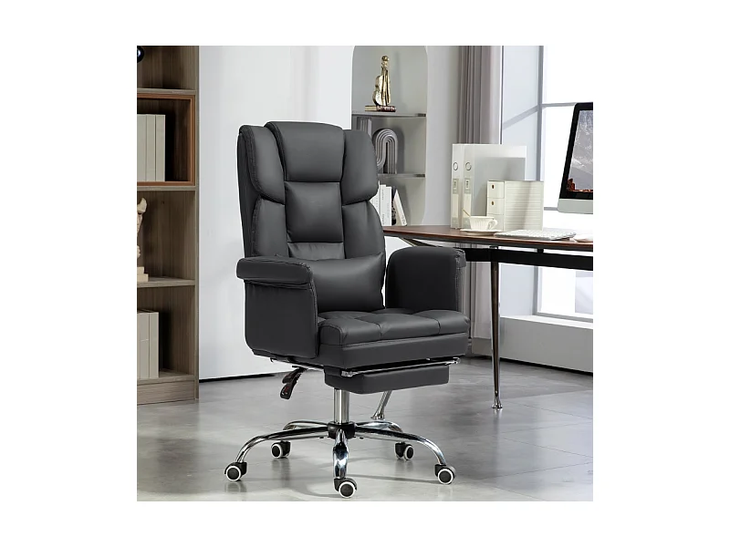 Silla de oficina ergonómica con respaldo reclinable, cojín lumbar, reposapiés, piel sintética negra.