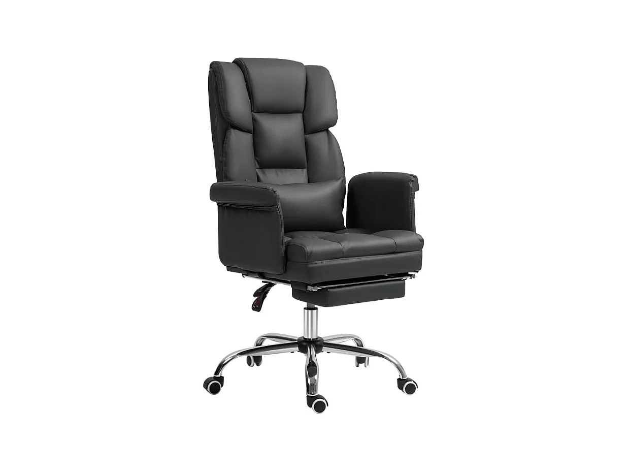 Silla de oficina ergonómica con respaldo reclinable, cojín lumbar, reposapiés, piel sintética negra.