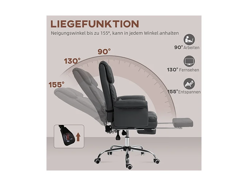 Silla de oficina ergonómica con respaldo reclinable, cojín lumbar, reposapiés, piel sintética negra.