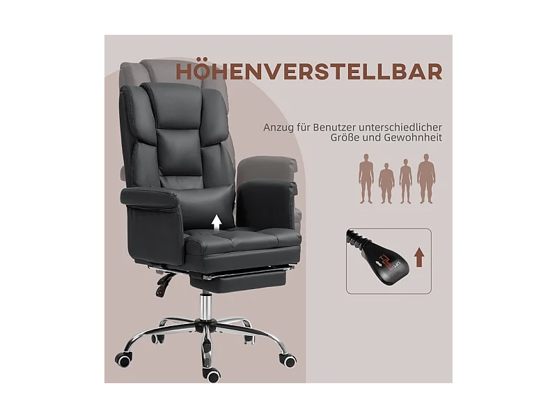Silla de oficina ergonómica con respaldo reclinable, cojín lumbar, reposapiés, piel sintética negra.
