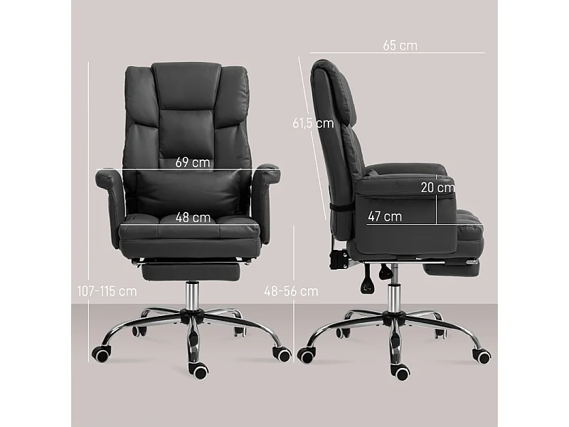 Silla de oficina ergonómica con respaldo reclinable, cojín lumbar, reposapiés, piel sintética negra.