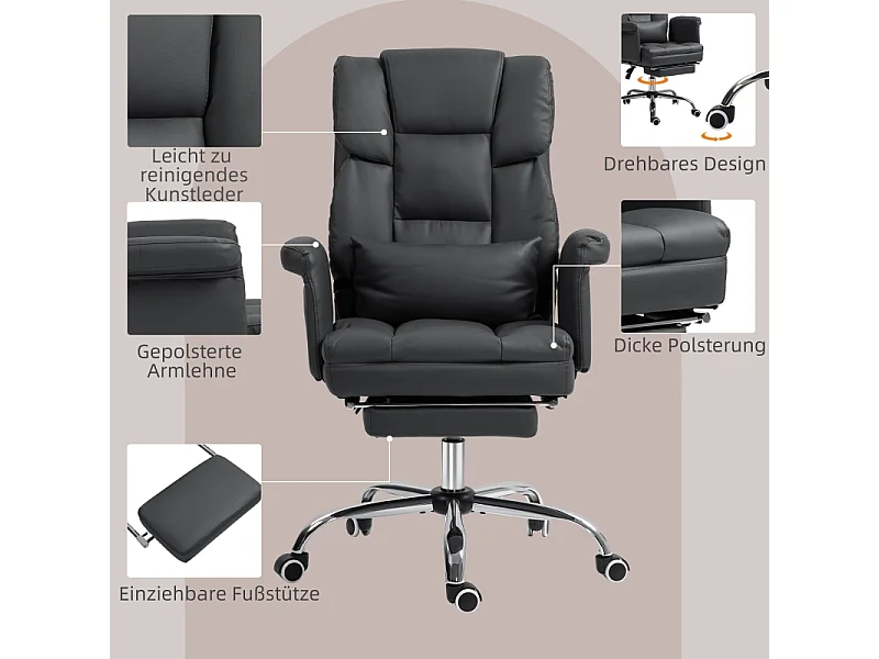 Silla de oficina ergonómica con respaldo reclinable, cojín lumbar, reposapiés, piel sintética negra.