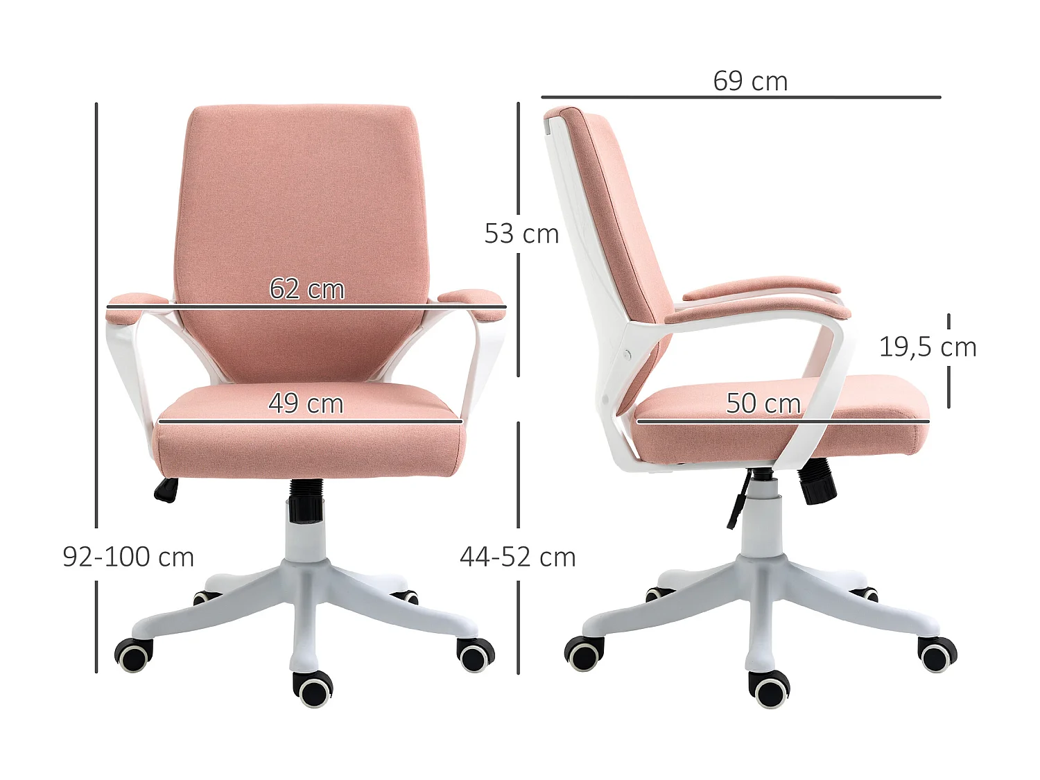 Chaise longue ergonomica in tessuto con soutien lombaire regolabile girevole rosa 62x69x92-100cm