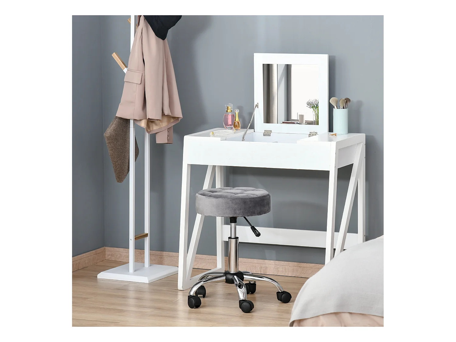 Taburete de salón de terciopelo con ruedas giratorias ajustables gris cromo 35x35x49-61cm