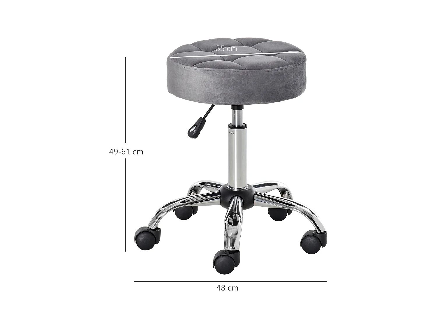 Taburete de salón de terciopelo con ruedas giratorias ajustables gris cromo 35x35x49-61cm