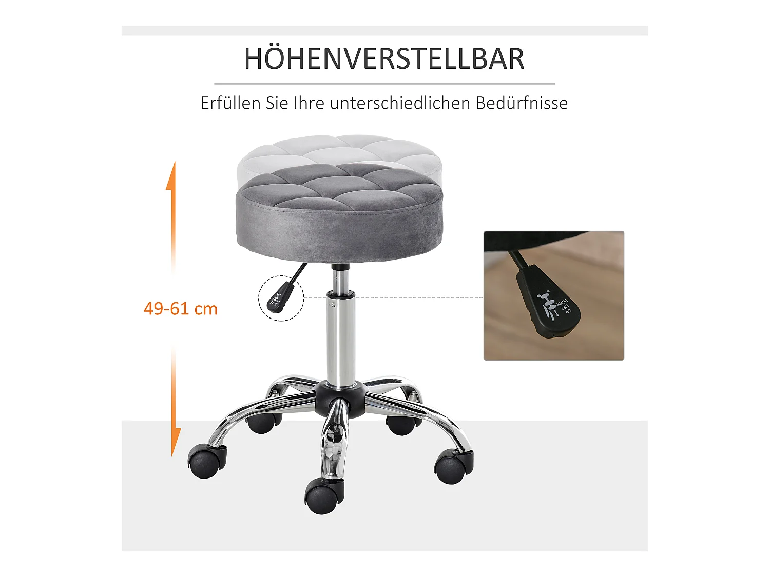 Taburete de salón de terciopelo con ruedas giratorias ajustables gris cromo 35x35x49-61cm