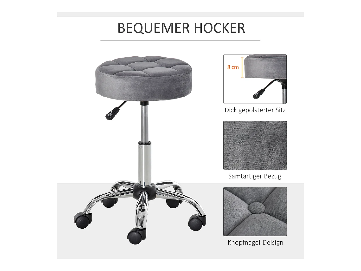 Taburete de salón de terciopelo con ruedas giratorias ajustables gris cromo 35x35x49-61cm