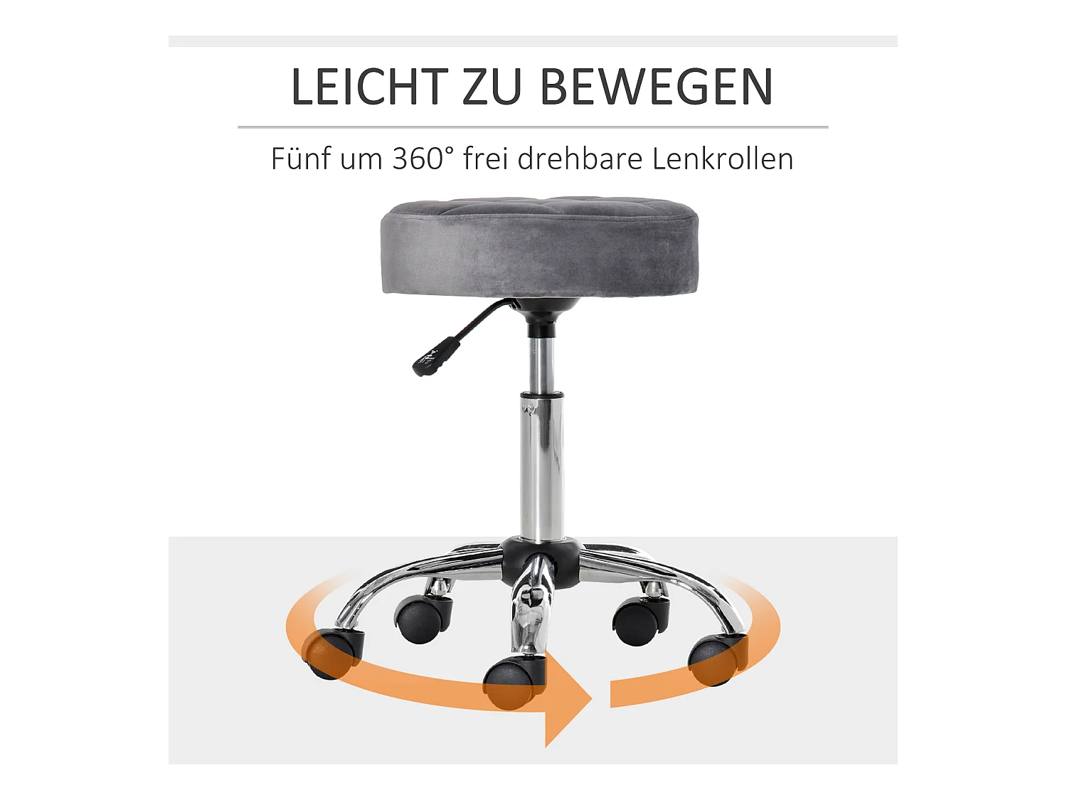 Taburete de salón de terciopelo con ruedas giratorias ajustables gris cromo 35x35x49-61cm