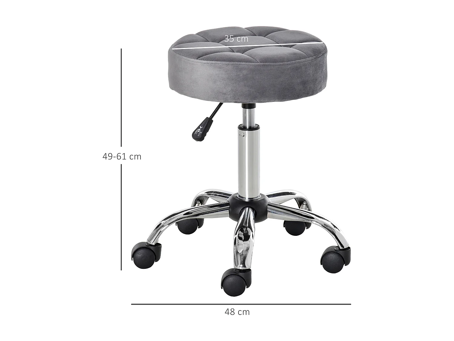 Taburete de salón de terciopelo con ruedas giratorias ajustables gris cromo 35x35x49-61cm