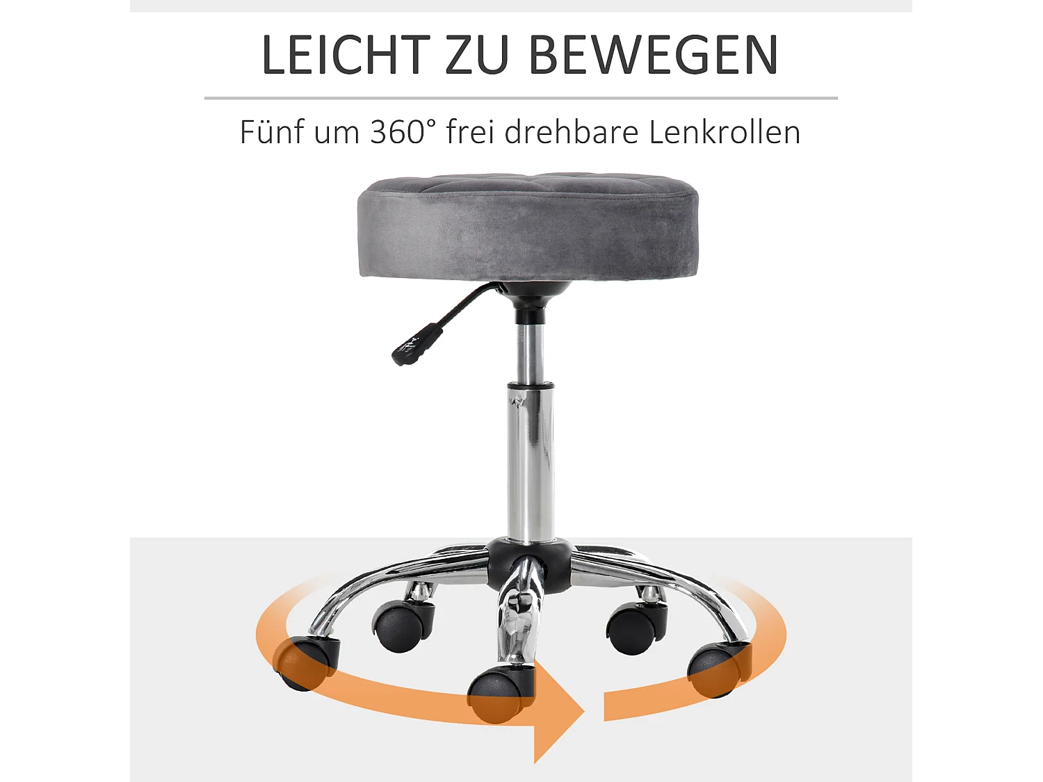 Taburete de salón de terciopelo con ruedas giratorias ajustables gris cromo 35x35x49-61cm