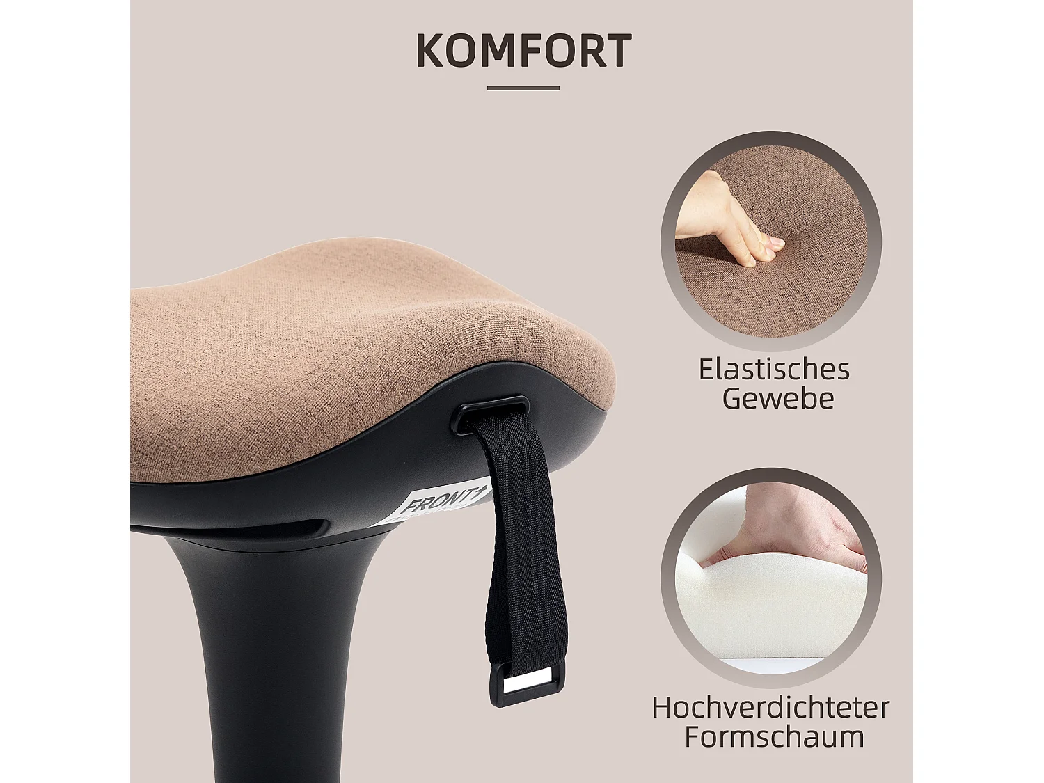 Tabouret bureau pivotant réglable tissu mousse ergonomique 68,5-83,5 cm brun