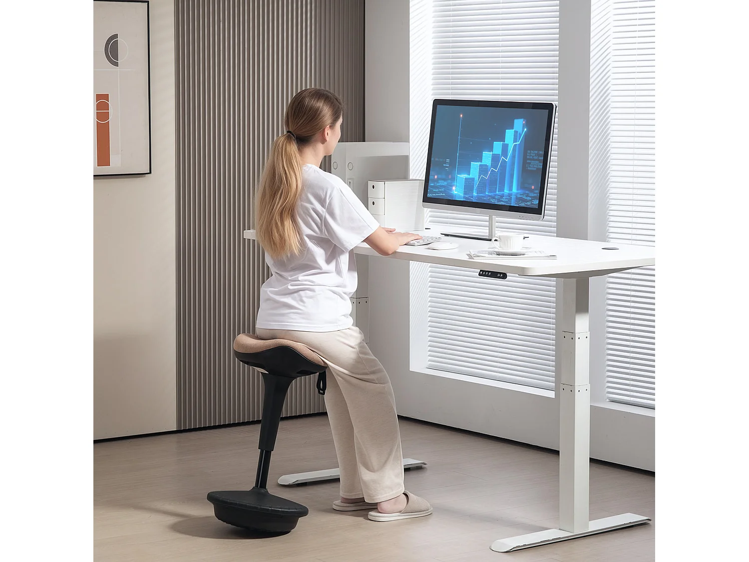 Tabouret bureau pivotant réglable tissu mousse ergonomique 68,5-83,5 cm brun