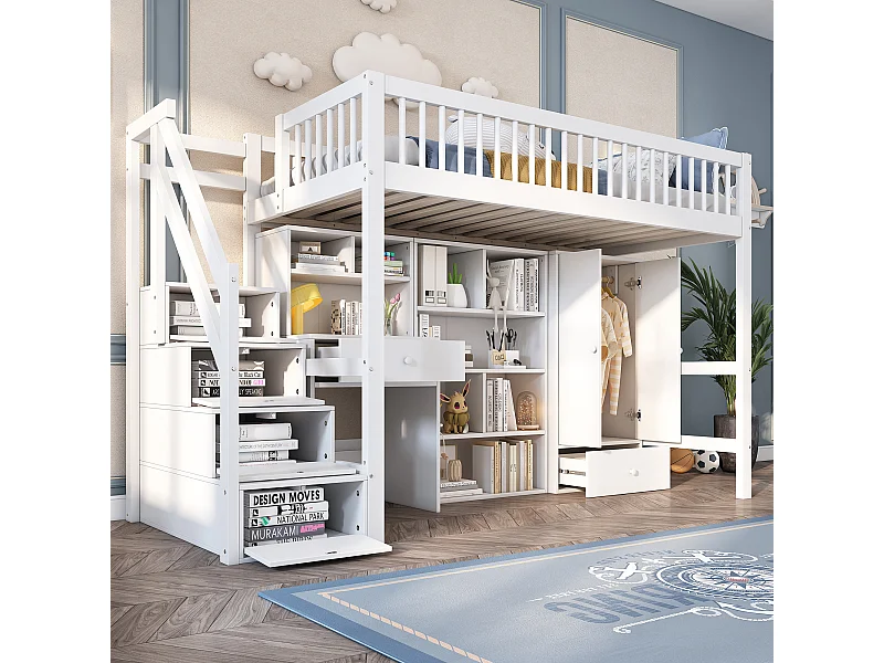 Lit enfant 90x200 cm bois massif MDF multifunzione con scrittoio, rangement et escalier blanc