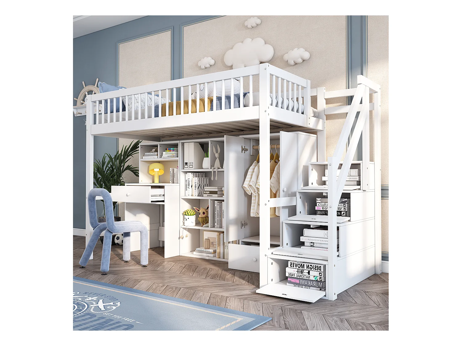 Lit enfant 90x200 cm bois massif MDF multifunzione con scrittoio, rangement et escalier blanc