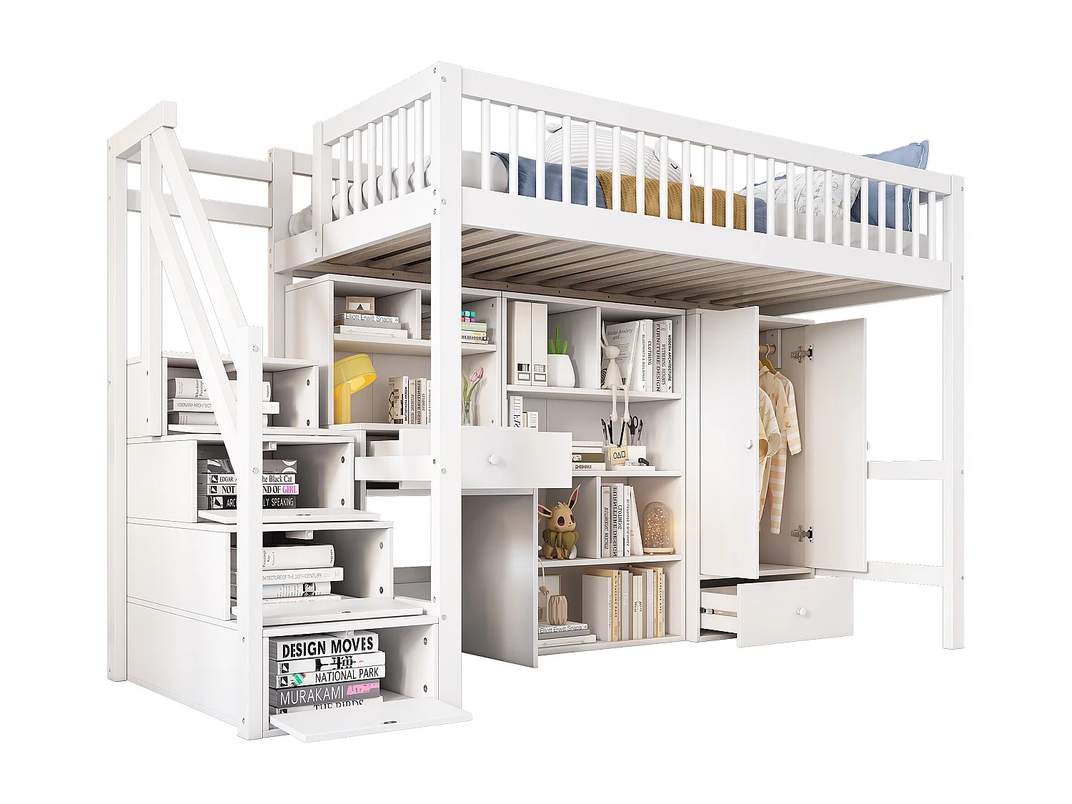 Lit enfant 90x200 cm bois massif MDF multifunzione con scrittoio, rangement et escalier blanc