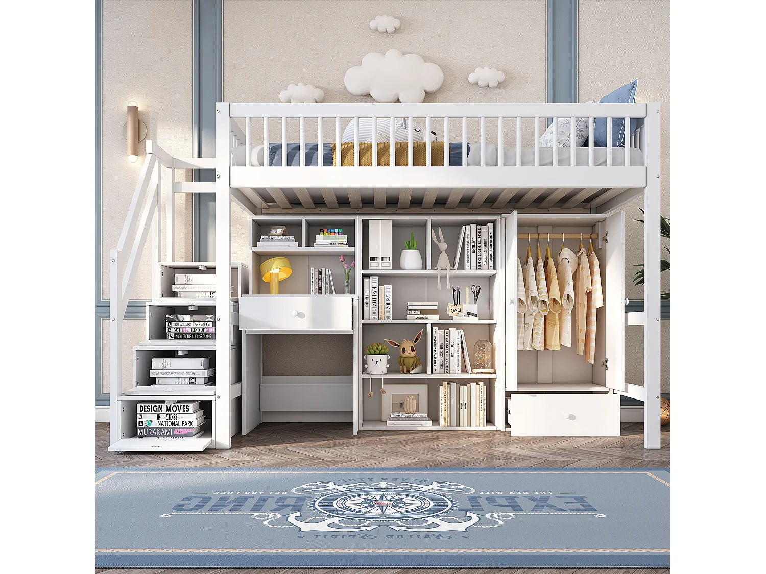 Lit enfant 90x200 cm bois massif MDF multifunzione con scrittoio, rangement et escalier blanc