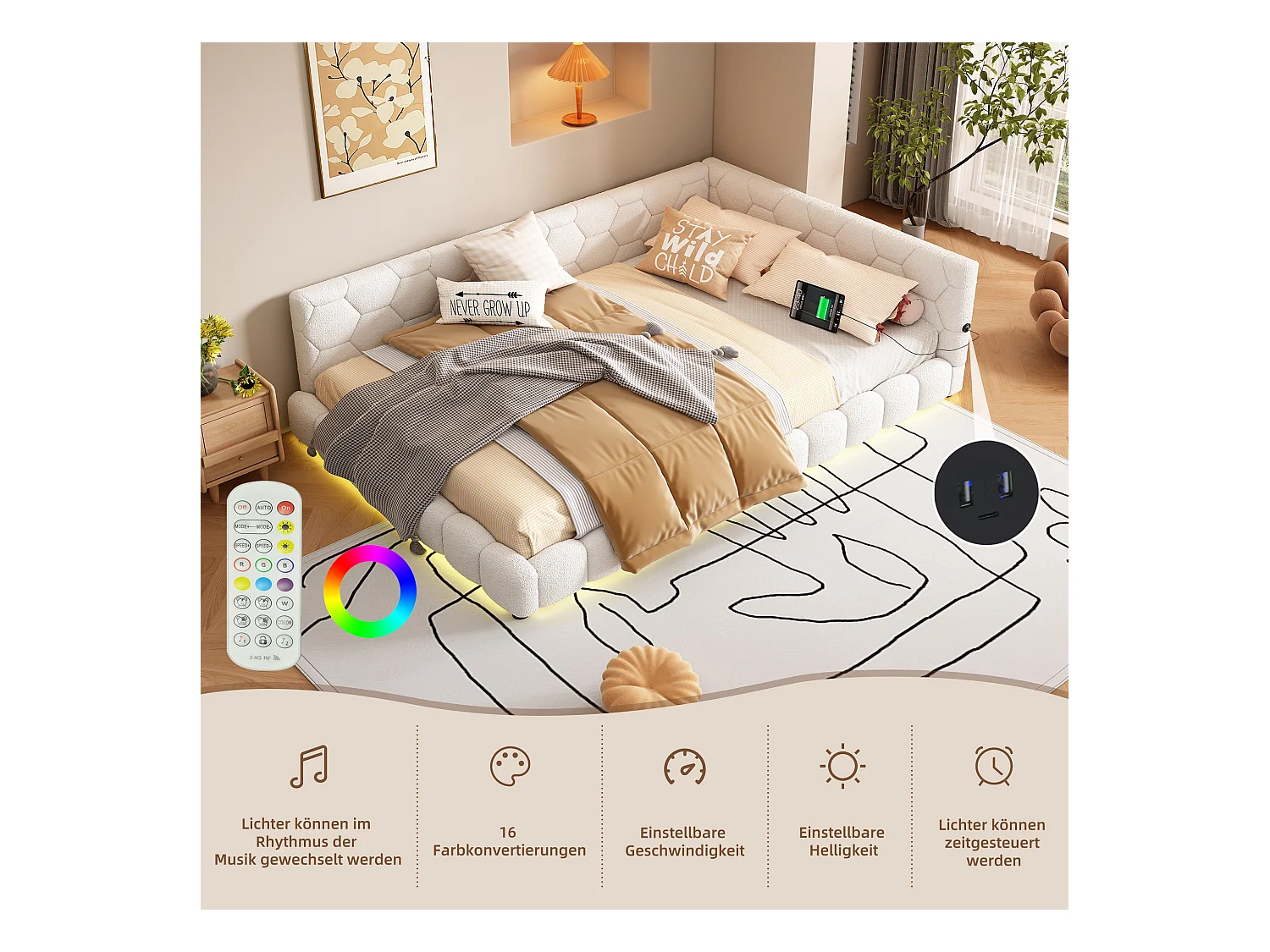 Cama de dia 140x200cm veludo sintético branco com LED de 16 cores, USB e Tipo-C