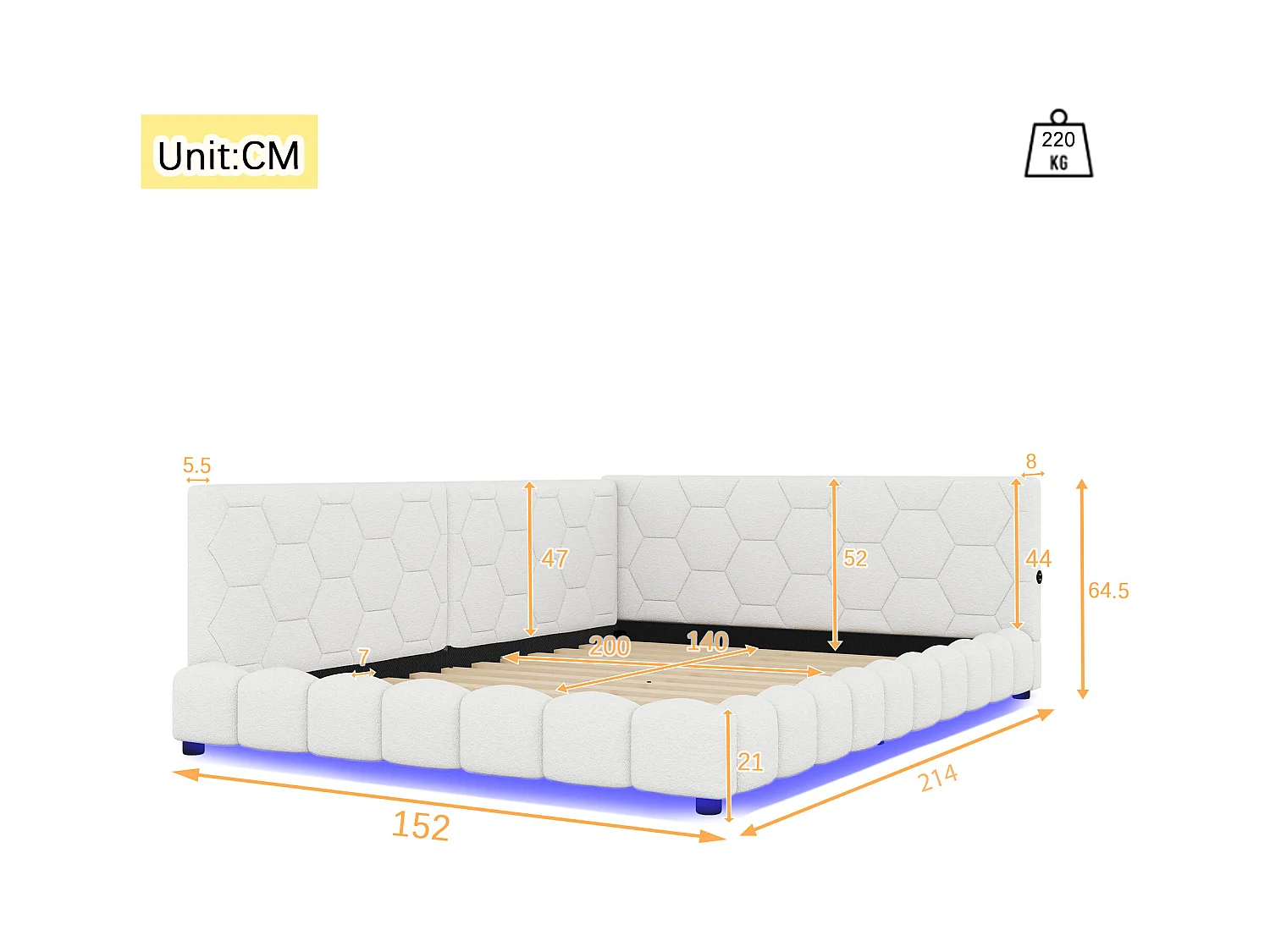 Cama de dia 140x200cm veludo sintético branco com LED de 16 cores, USB e Tipo-C