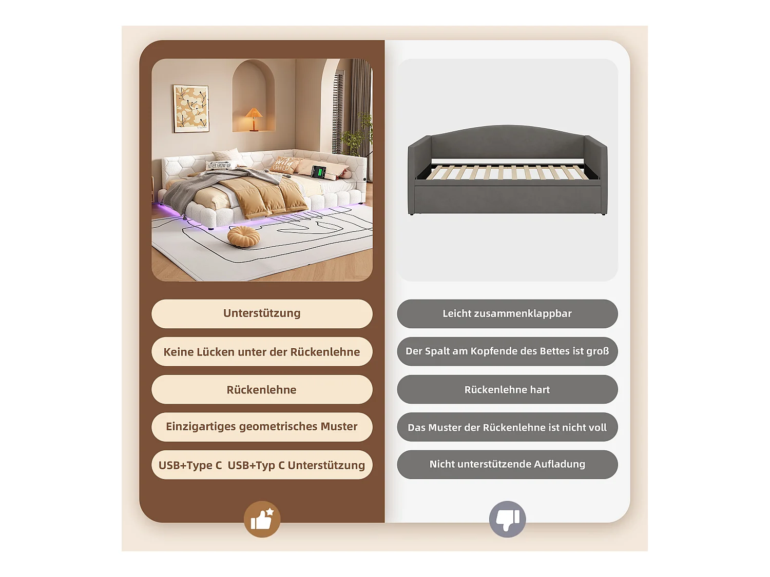 Cama de dia 140x200cm veludo sintético branco com LED de 16 cores, USB e Tipo-C