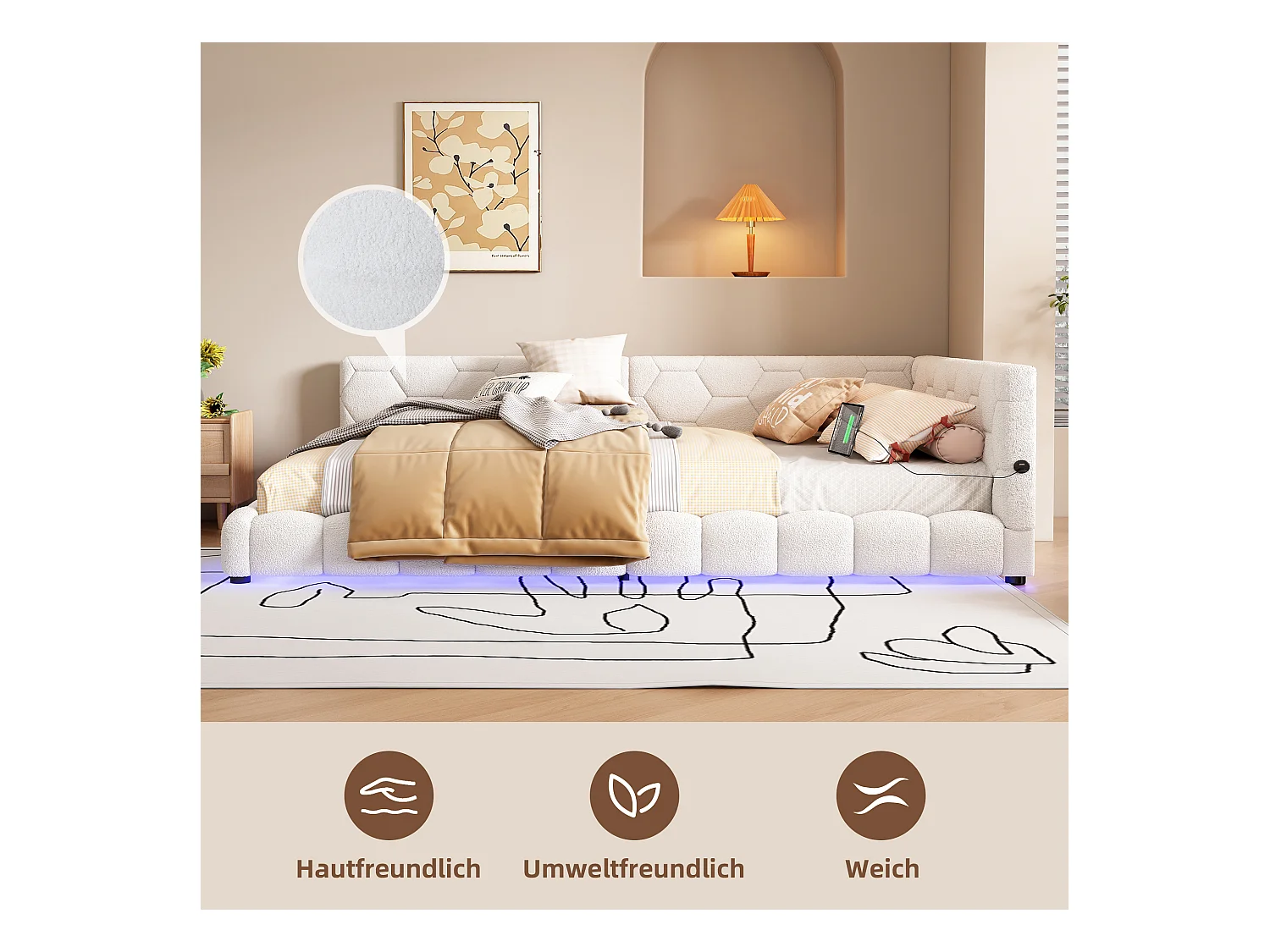 Cama de dia 140x200cm veludo sintético branco com LED de 16 cores, USB e Tipo-C