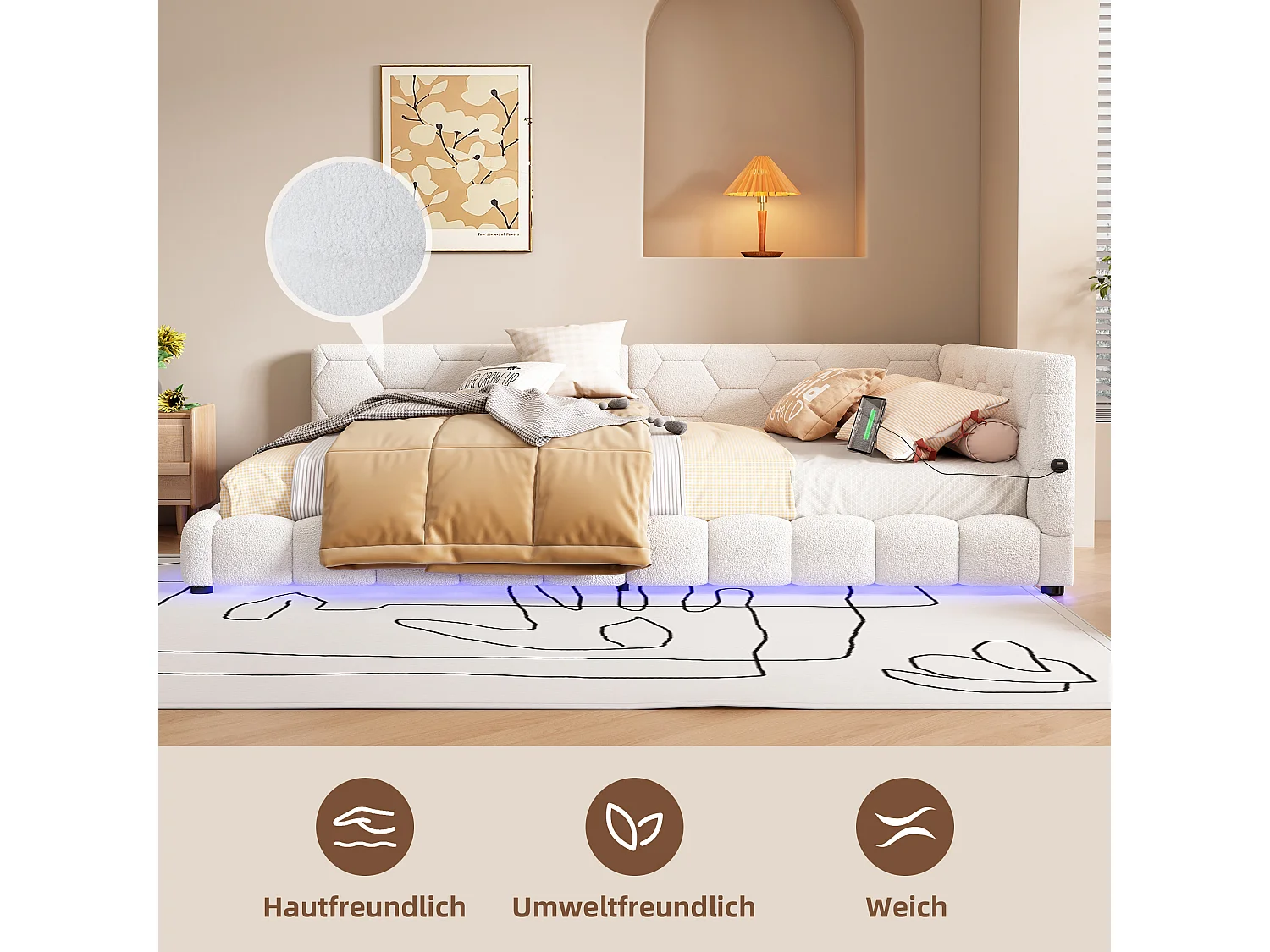 Cama de dia 140x200cm veludo sintético branco com LED de 16 cores, USB e Tipo-C