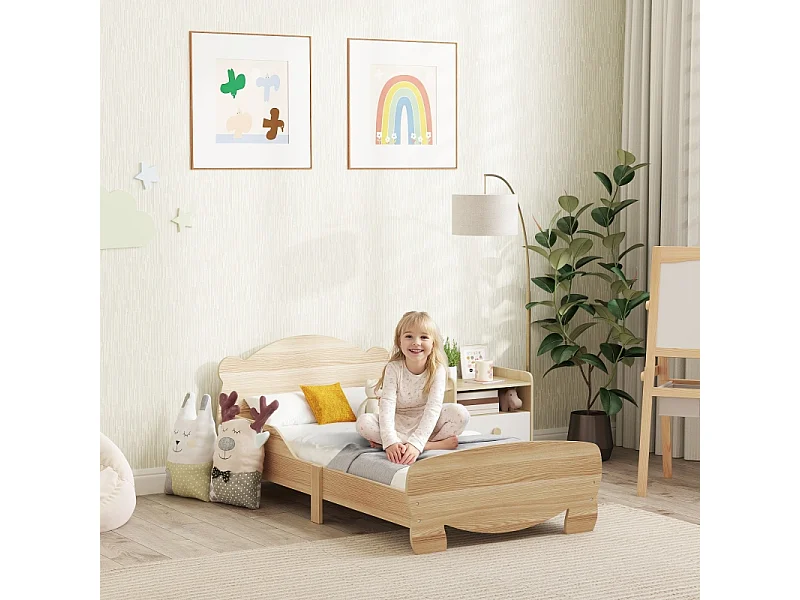 Cama infantil 143,5x80 cm en madera maciza con barreras y diseño de oso natural para dormitorio