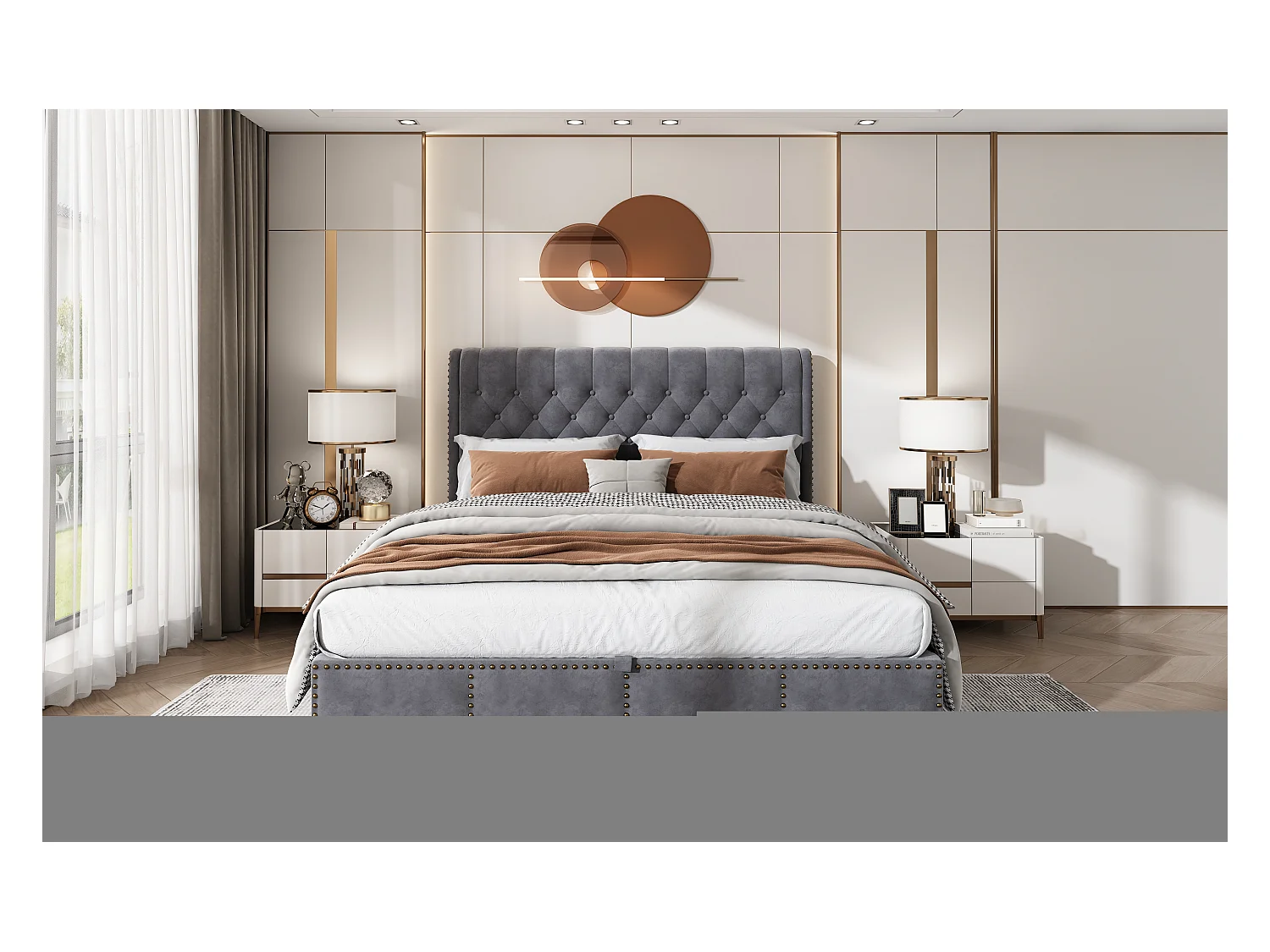 Lit 180x200 cm in velluto grigio con coffre de rangement hydraulique et clous decoratives