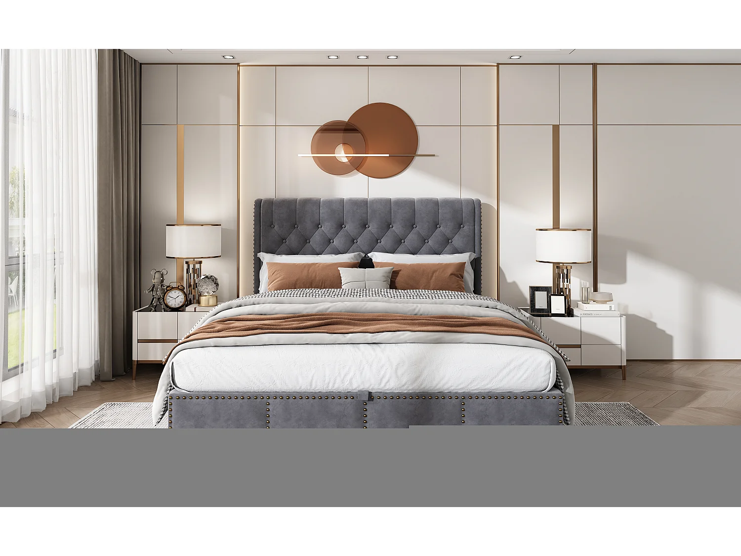 Cama de 180x200 cm en terciopelo gris con canapé hidráulico y clavos decorativos