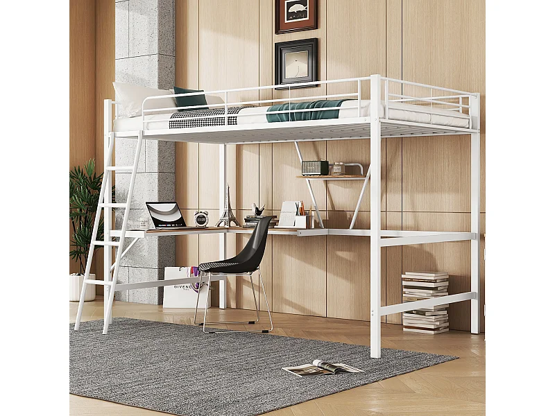 Cama alta 90x200 cm de metal com escrivaninha em L e prateleira para crianças, adolescentes, adultos, branca sem colchão