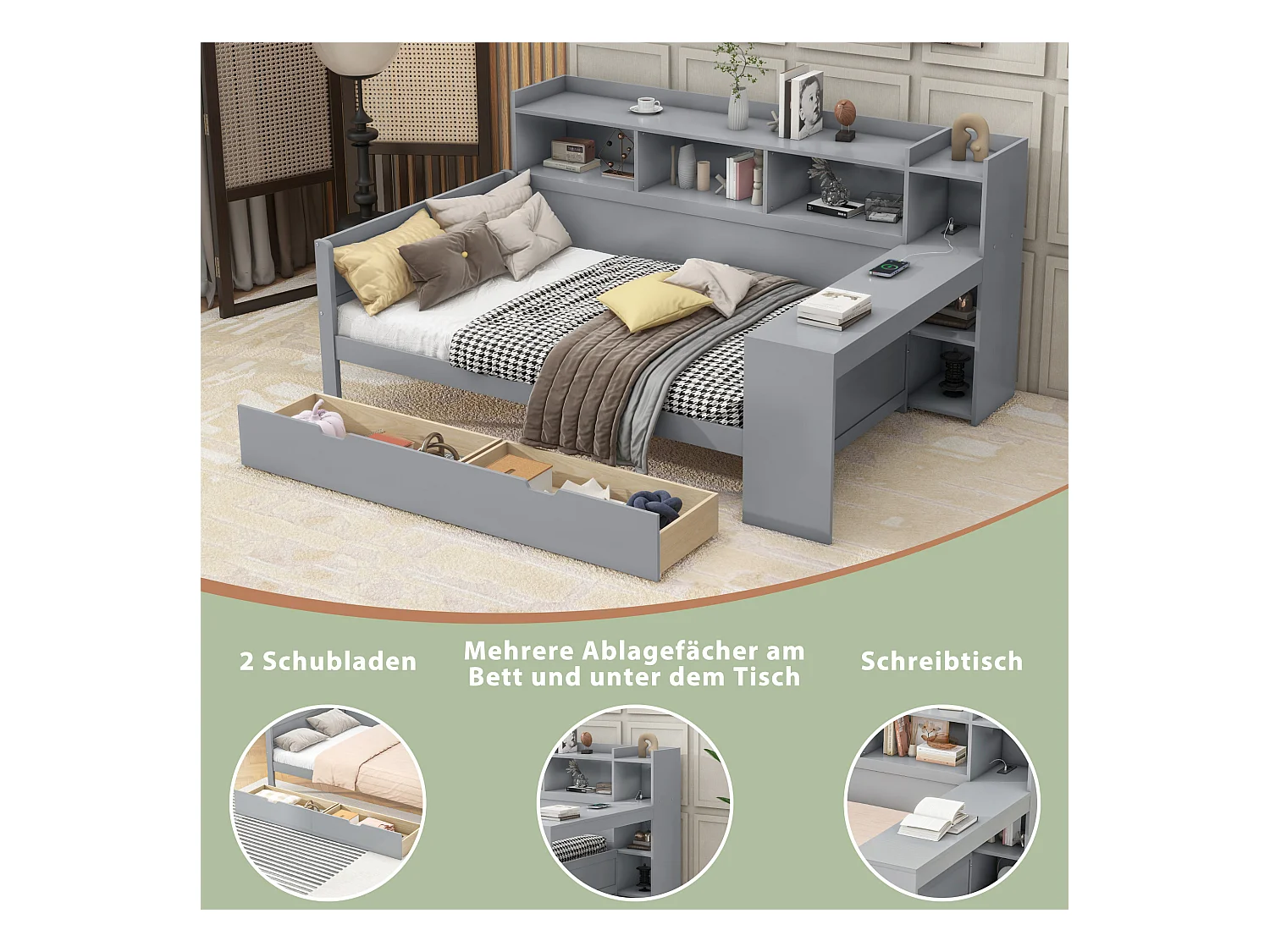 Sofá-cama 90x200 cm MDF com secretária, 2 gavetas e portas USB cinza