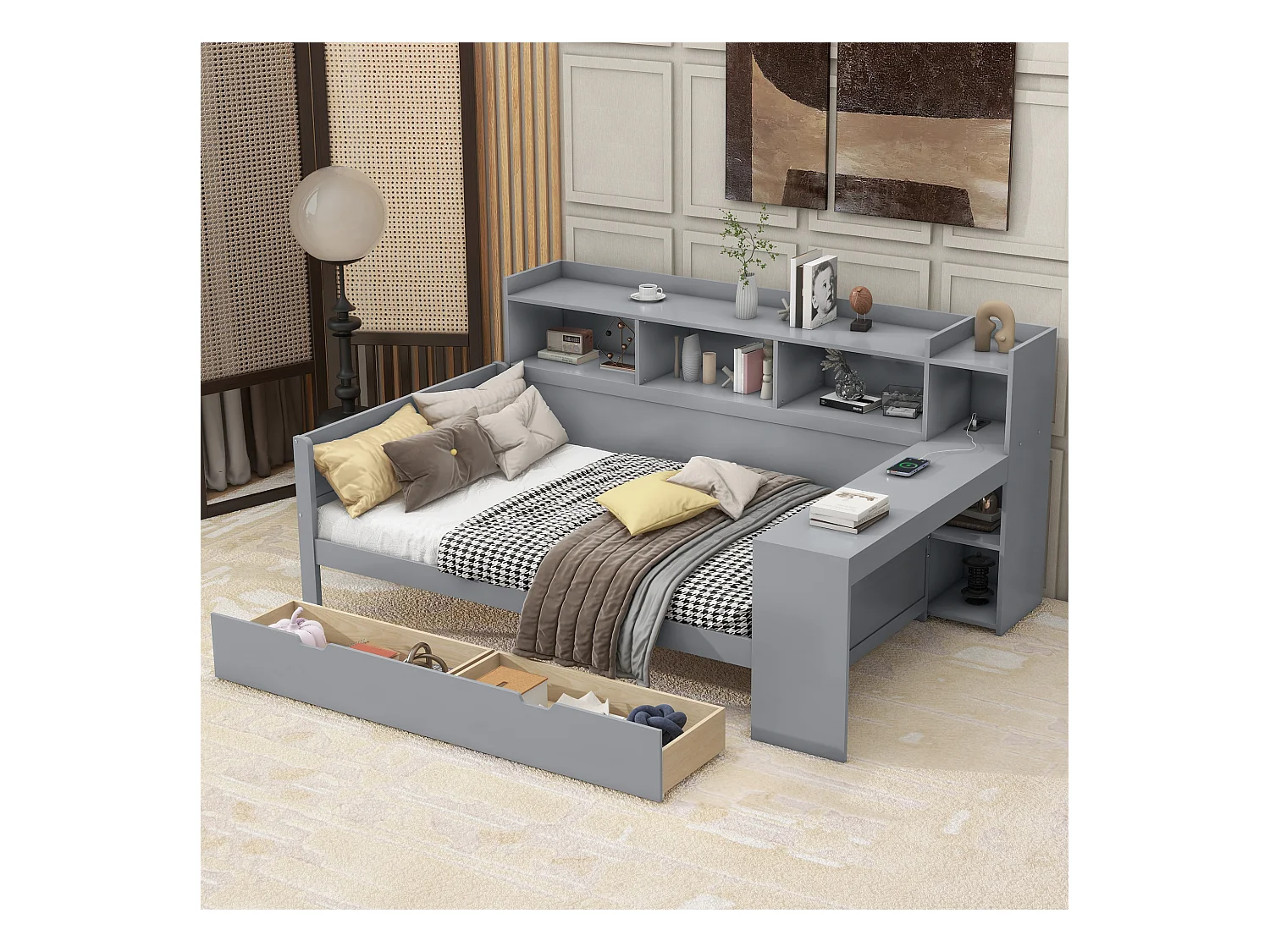 Sofá-cama 90x200 cm MDF com secretária, 2 gavetas e portas USB cinza