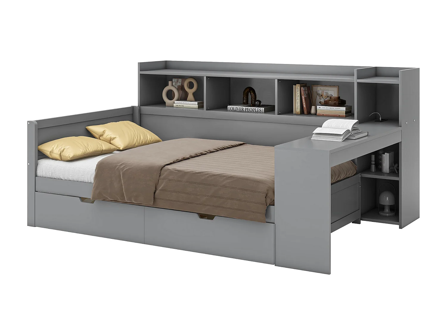 Canapé illuminato 90x200 cm MDF con scrivania, 2 cassetti e porte USB grigio