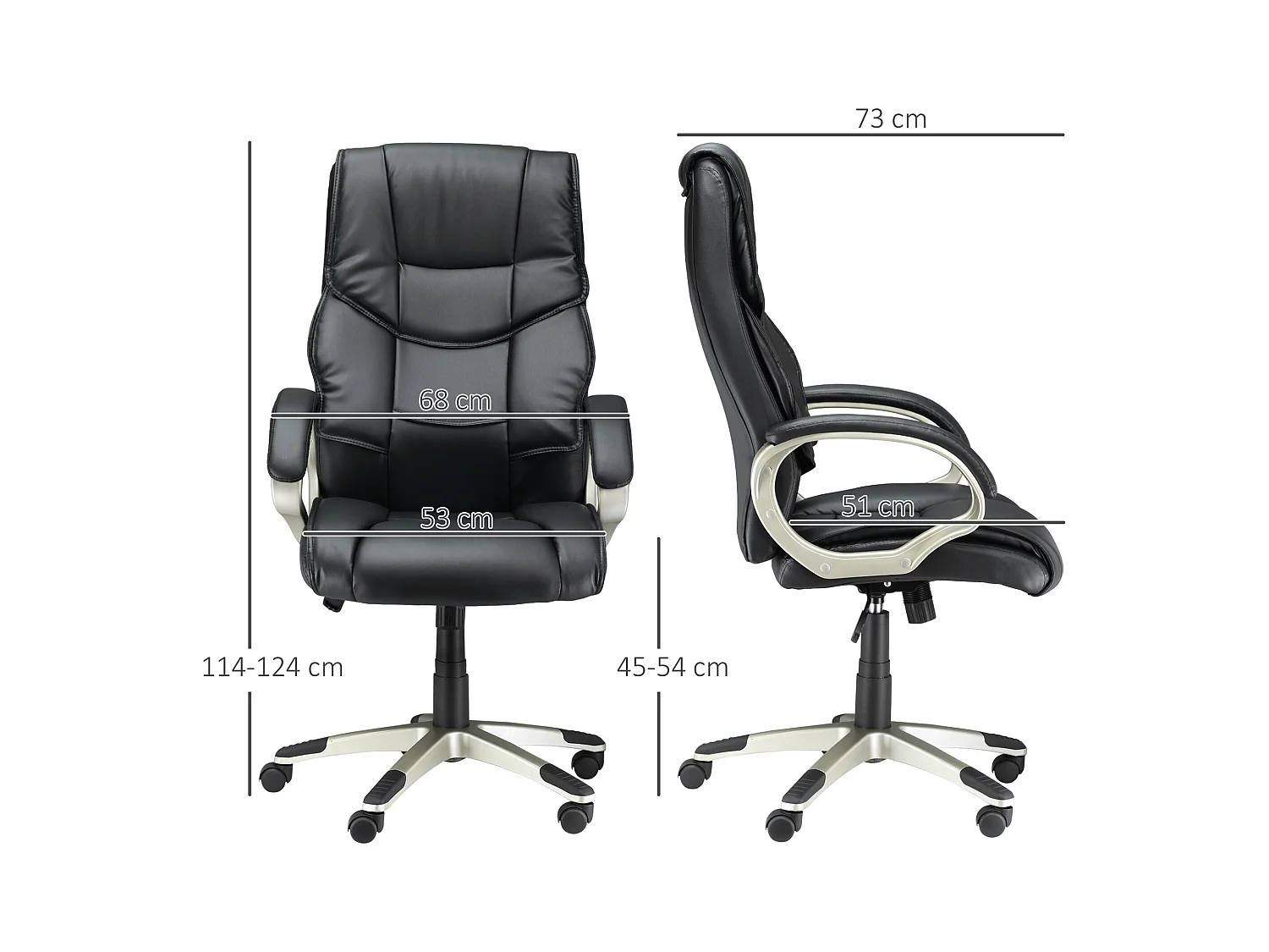 Silla de oficina ergonómica en piel sintética negra con función Wippfunktion y regulable de 114 a 124 cm.