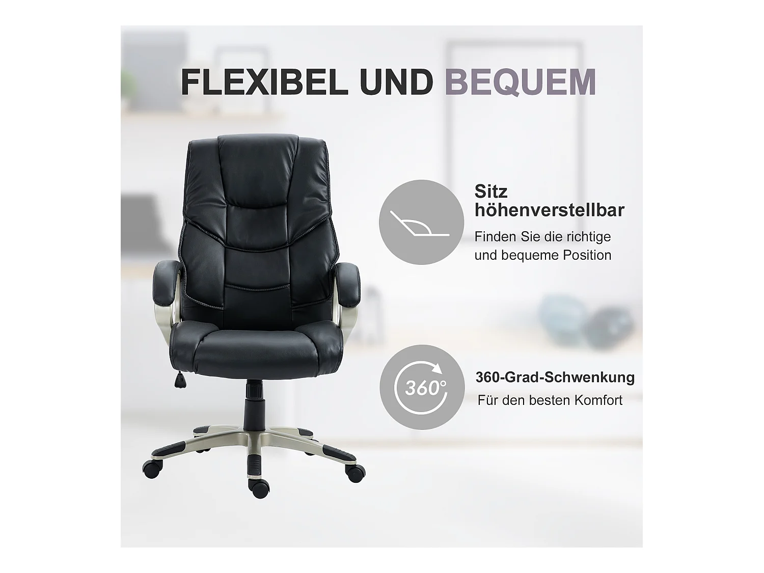 Silla de oficina ergonómica en piel sintética negra con función Wippfunktion y regulable de 114 a 124 cm.