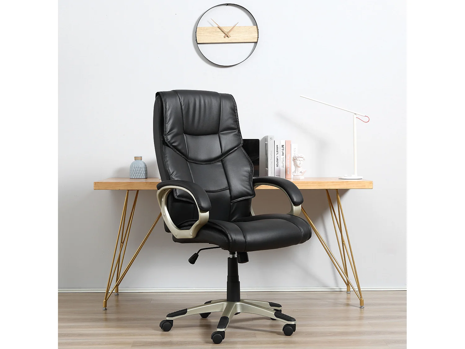 Cadeira de escritório ergonômica em couro sintético preto com função Wipp e ajustável de 114 a 124 cm