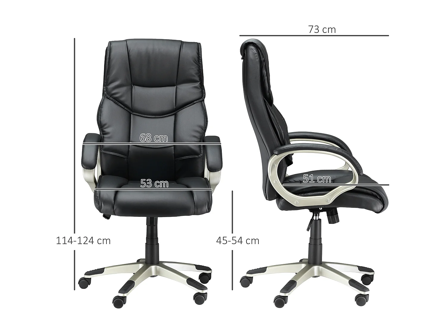 Cadeira de escritório ergonômica em couro sintético preto com função Wipp e ajustável de 114 a 124 cm
