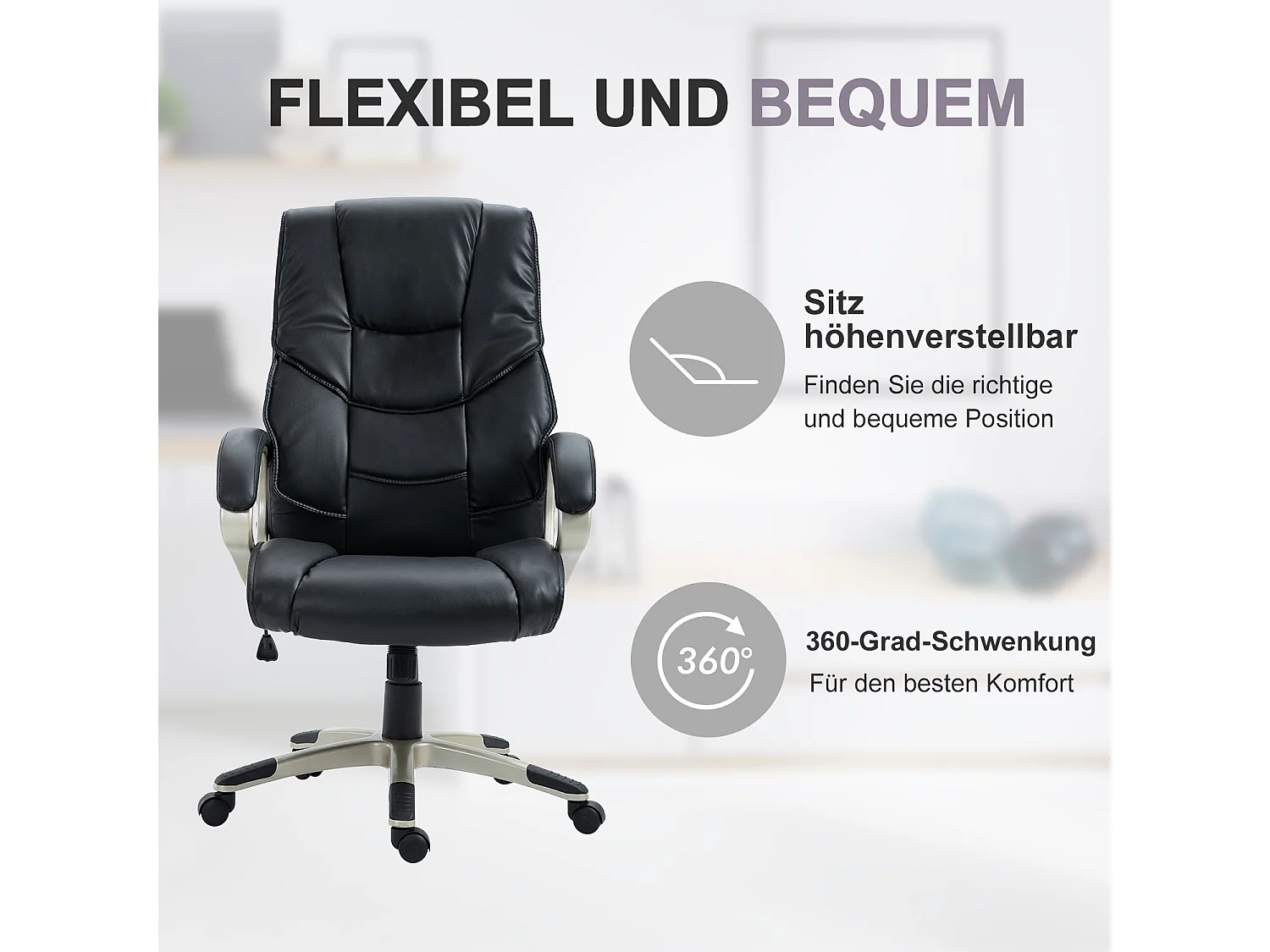 Cadeira de escritório ergonômica em couro sintético preto com função Wipp e ajustável de 114 a 124 cm