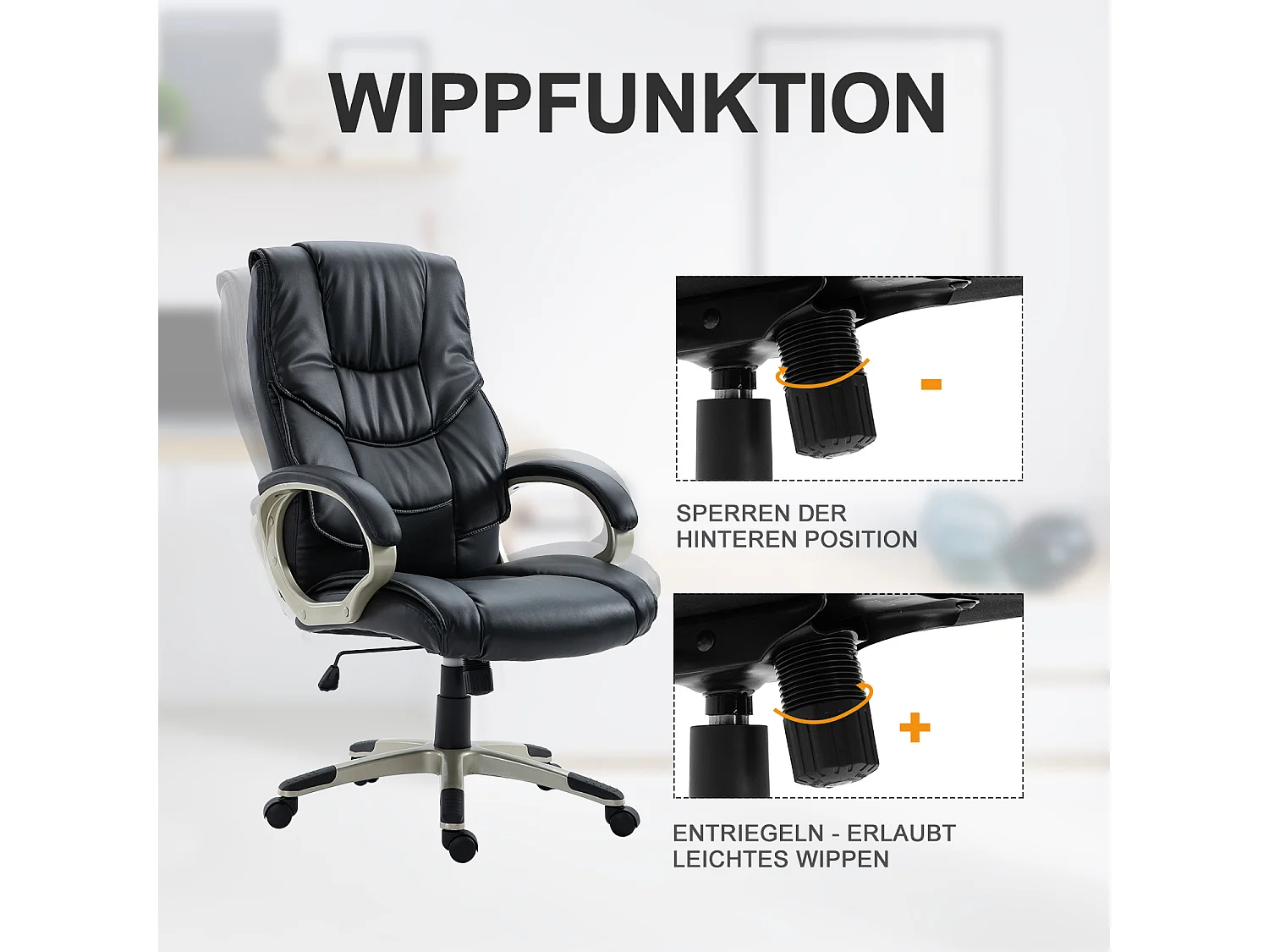 Cadeira de escritório ergonômica em couro sintético preto com função Wipp e ajustável de 114 a 124 cm