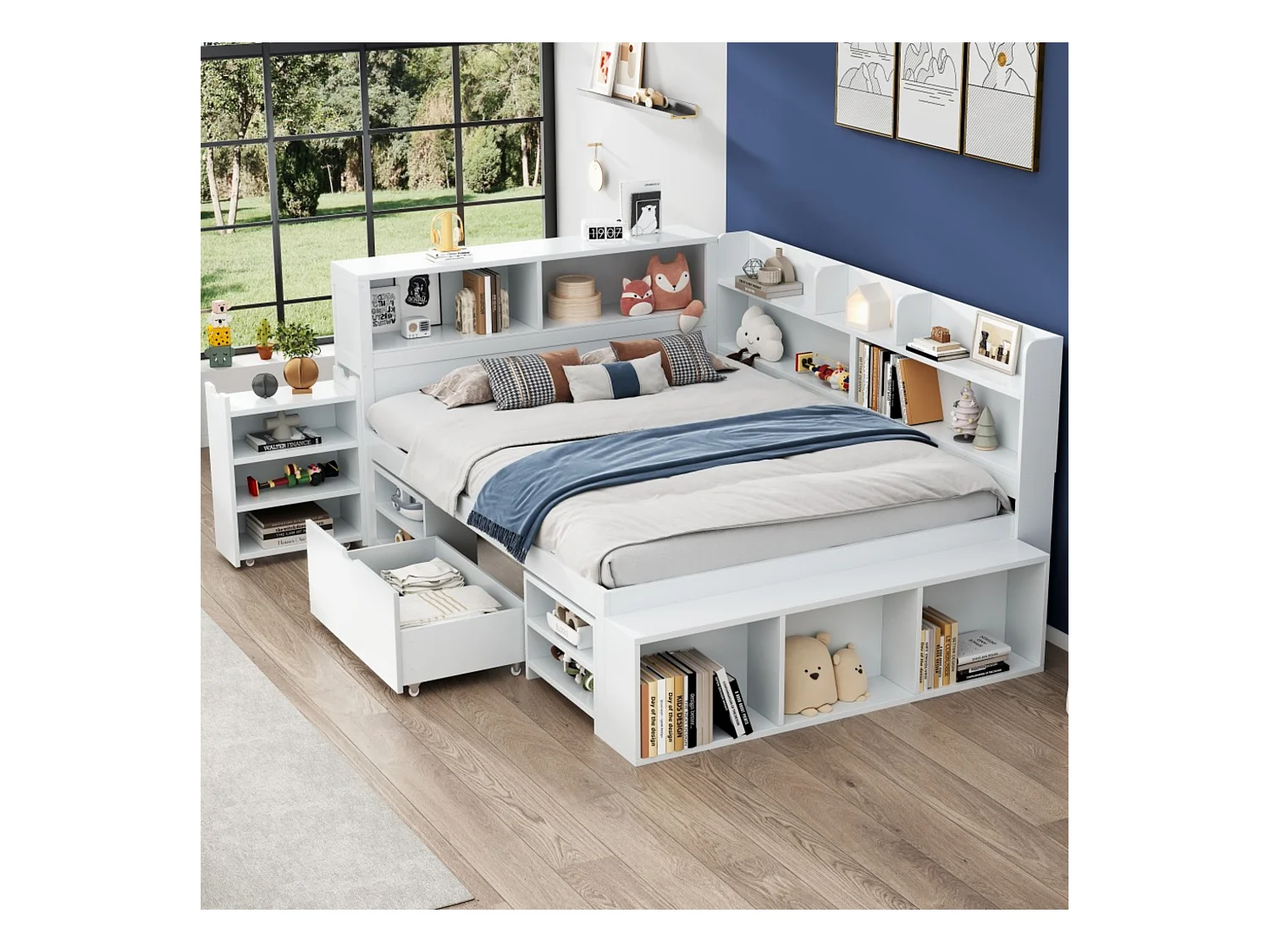 Lit enfant 140x200 cm bois avec tiroirs, étagères et rangement multifunzione, bianco