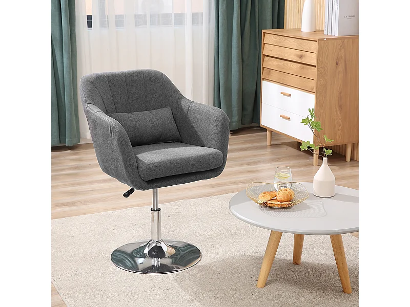 Taburete de oficina regulable en altura, silla giratoria de poliéster y lino, acero, gris oscuro, 57 x 57 x 77,5-87 cm