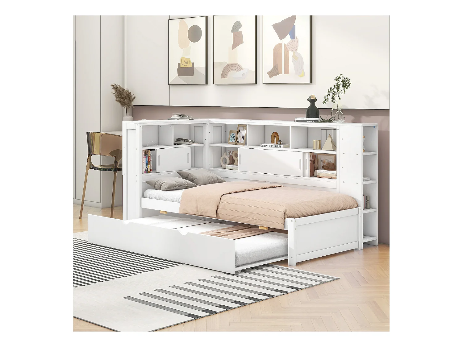 Lit enfant 90x200 cm bois avec tiroirs et lit gigogne, sans matelas, blanc