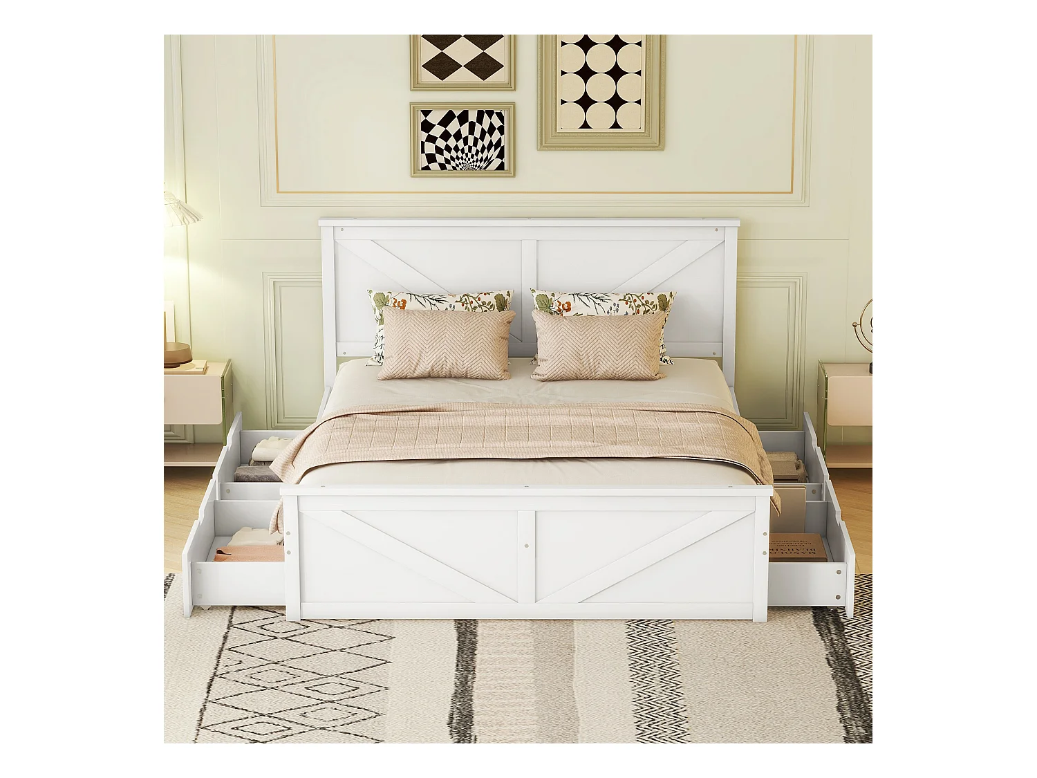 Lit simple 160x200cm bois massif con 4 tiroirs de rangement blanc