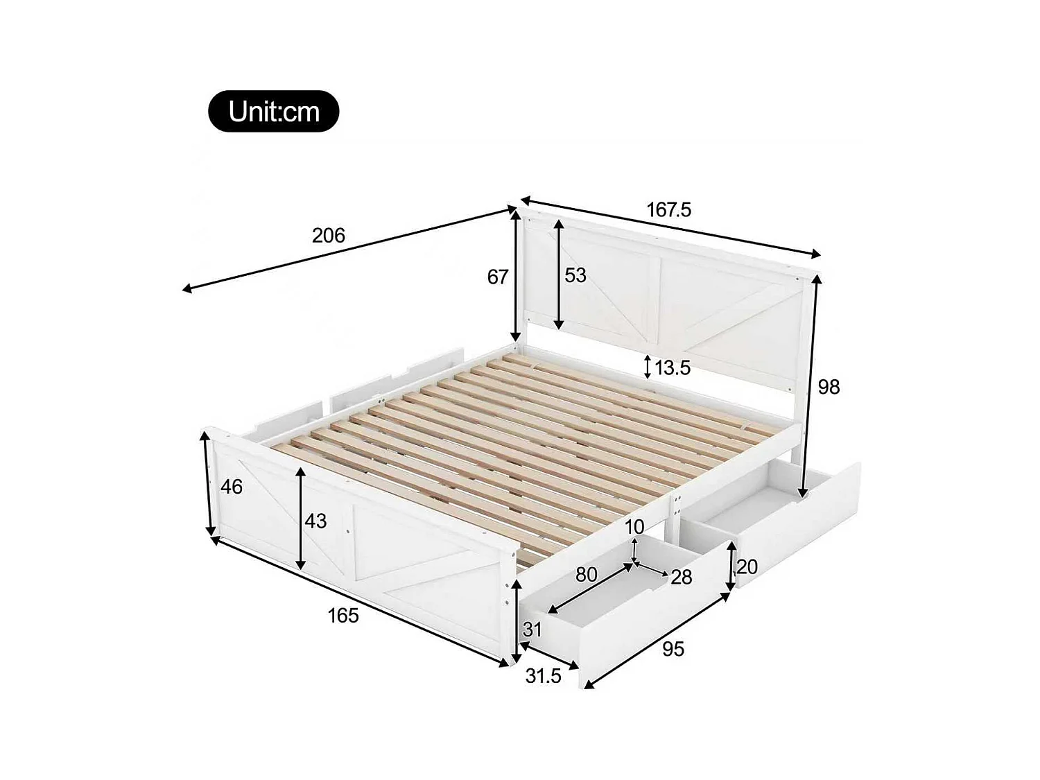 Lit simple 160x200cm bois massif con 4 tiroirs de rangement blanc
