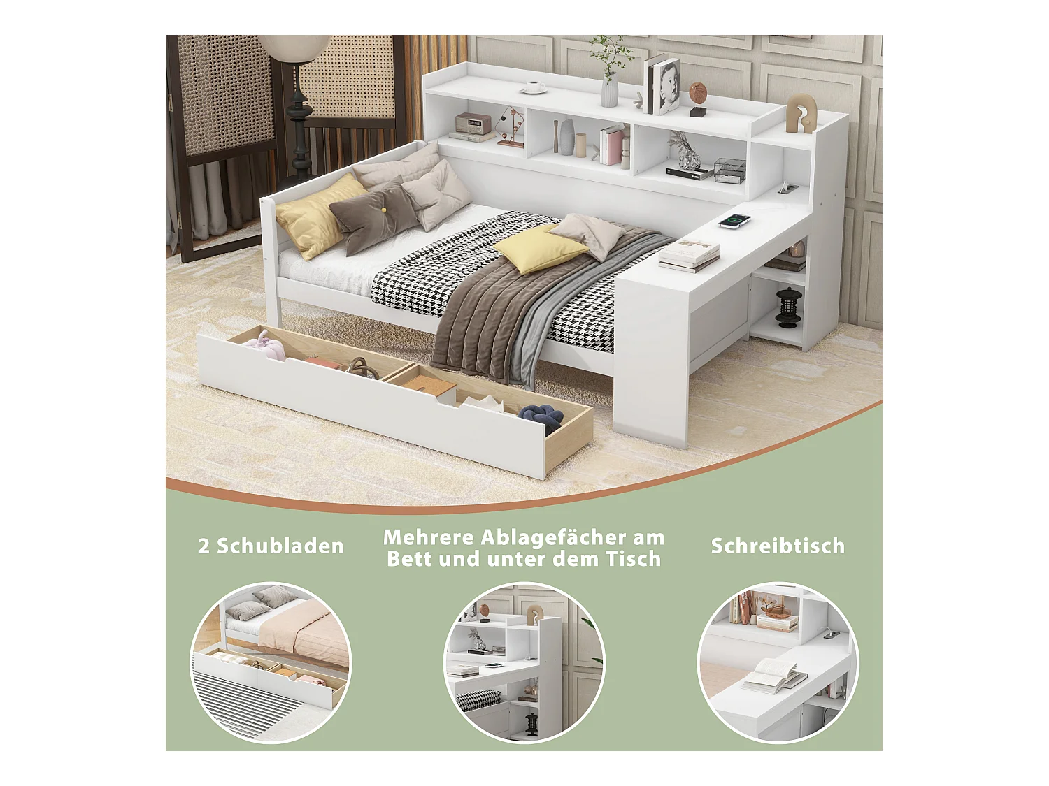 Sofá-cama 90x200 cm MDF com secretária integrada, 2 gavetas e portas USB branco