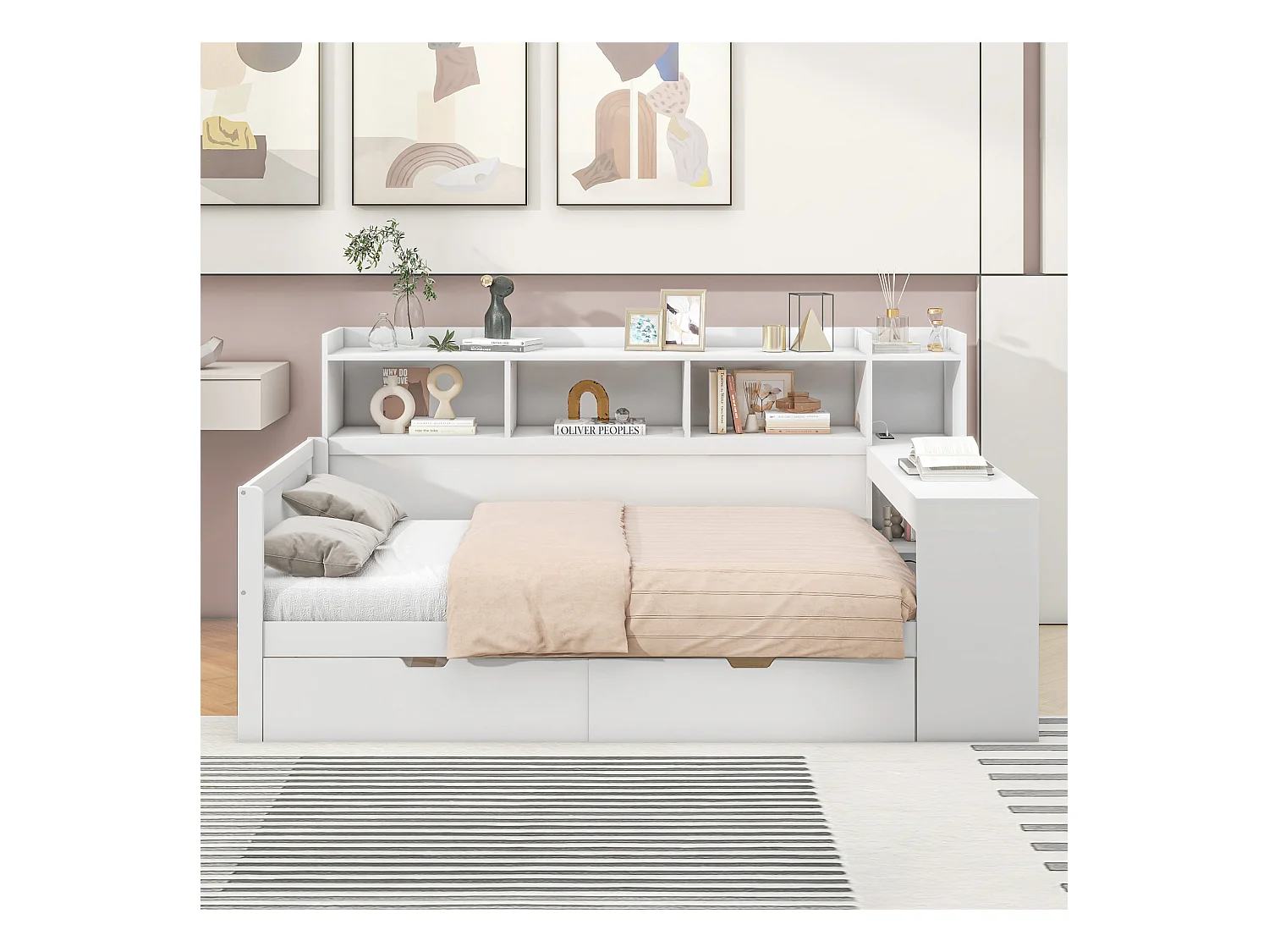 Sofá-cama 90x200 cm MDF com secretária integrada, 2 gavetas e portas USB branco