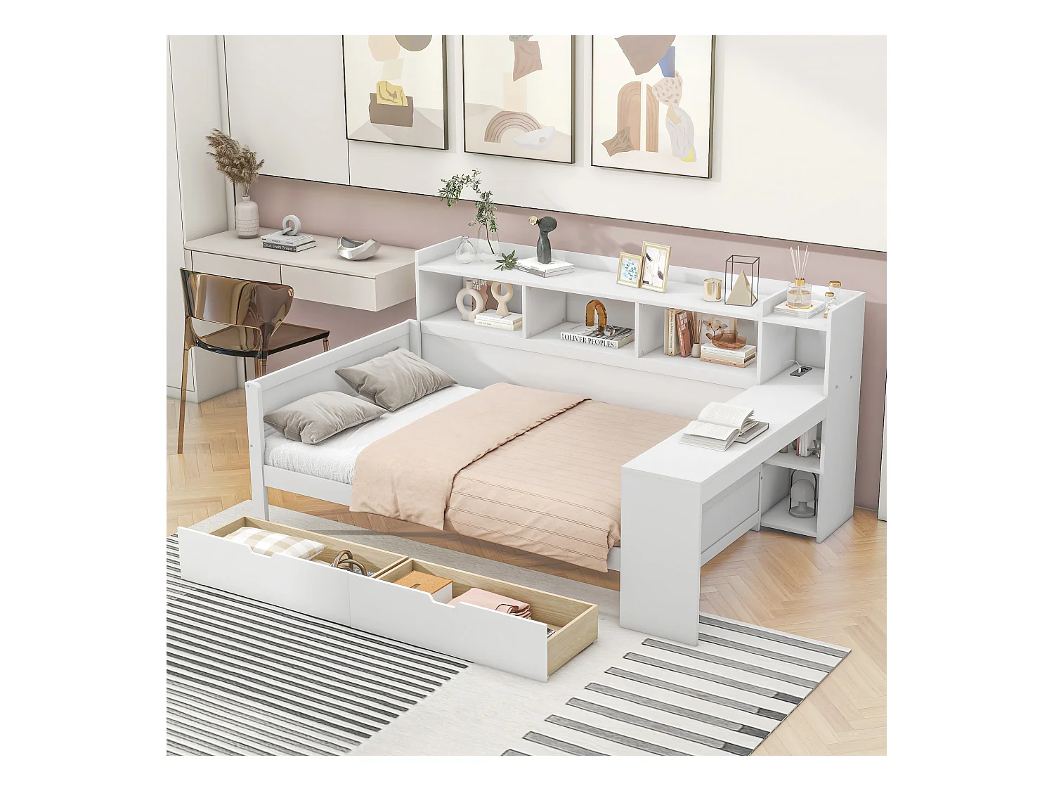 Sofá-cama 90x200 cm MDF com secretária integrada, 2 gavetas e portas USB branco